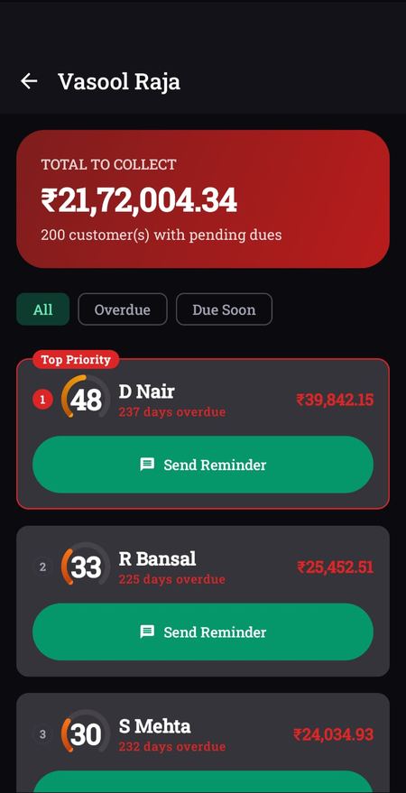 Vasool Raja screen ranking customers to collect from, with a Trust Score ring on each
